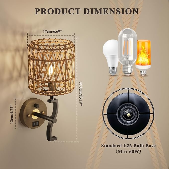 N02 Boho Rattan Wall Sconce with Plug in Cord, Adjustable Dimmable Rattan Shade & S-Shape Arm for Aztec Boho Home Decor, Bohemian Wall Mounted Lighting