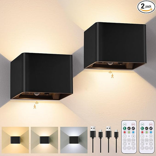 Yochoice Motion Sensor Wall Sconces with Remote Control, 6000mAh Black Wireless Touch Control Rechargeable Lamps with 3 Color Temperatures, LED Up Down Battery Operated Wall Lights Indoor, 2-Pack