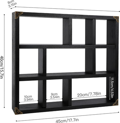 17.7x15.7-Inch Shadow Box Shelf 9-Slot Rustic Floating Shelves Larger Wall Mounted Lightweight Solid Wood Display Freestanding Farmhouse Shelf (9C-Classic Black)