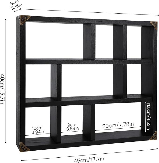 17.7x15.7-Inch Shadow Box Shelf 9-Slot Rustic Floating Shelves Larger Wall Mounted Shelf Lightweight Solid Wood Display Freestanding Farmhouse Shelf (Set of 2,9C-Classic Black)