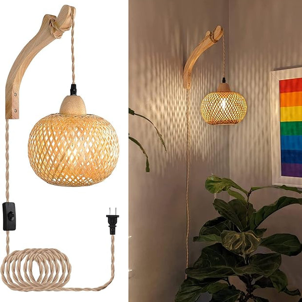Frideko Bamboo Lantern Plug in Wall Sconces Wicker Wall Lamp with Plug in Cord Hand Woven Rattan Wall Light Farmhouse Rustic Wall Sconces Boho Sconces Wall Lighting for Living Room Bedroom