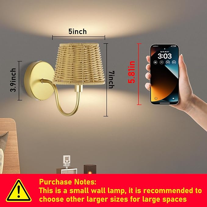 Battery Operated Wall Sconce Set of 2, Rechargeable Wireless Rattan Wall Sconces with Dimmable Detachable Magnetic Bulbs and Remote, 3 Colors Wall Lights for Bedroom Living Room Hallway