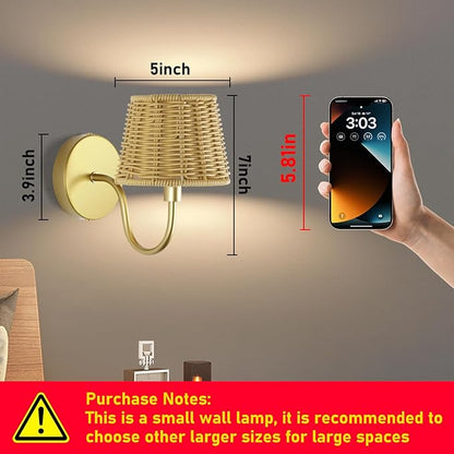 Battery Operated Wall Sconce Set of 2, Rechargeable Wireless Rattan Wall Sconces with Dimmable Detachable Magnetic Bulbs and Remote, 3 Colors Wall Lights for Bedroom Living Room Hallway