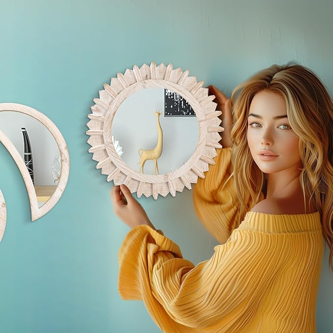 WAKOSAN Wall Mirror, Moon Phase Mirror Set, Wall Decor for Bedroom, Bohemian 5PCS Wooden and Real Glass Mirror with Crystal Clear Reflection, Boho Decor, Multi-Angle Installation (White)