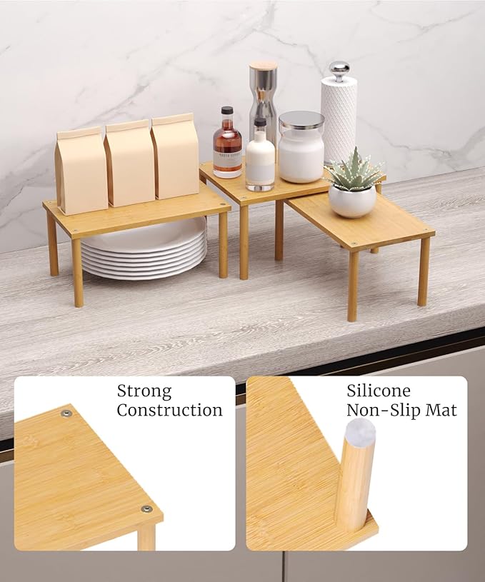 Cabinet Organizer Shelf(Set of 3),Bamboo Kitchen Counter Shelves for Countertop and Cabinet,Stackable Shelf Spice Racks,Medium(Natural)