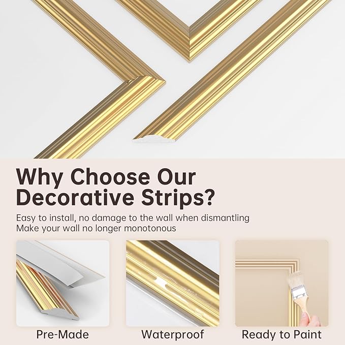 DODOKIE Peel and Stick Wall Molding Kit, Pre Cut Molding Wainscoting Panels for Interior Home Wall Moulding Décor Living Room Decoration, Self-Adhesive Ready to Assemble Gold (3 Set, 24 x 78 in)