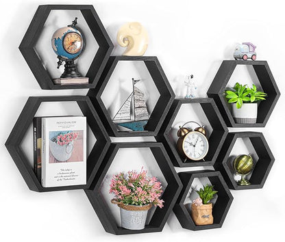 CADUKE Hexagon Shelves for Wall Hexagonal Floating Shelves Set of 8 Honeycomb Wood Shelves for Wall Decor, Hanging Plants Shelf for Living Room Storage Hexagon Racks for Bedroom, Black