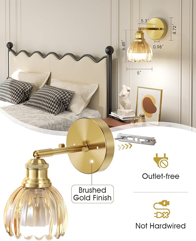 VOLISUN Vintage Battery Operated Wall Sconce,with Amber Tulip Glass Lampshade, Wireless Wall Sconce, Rechargeable Battery Powered Wall Light, Sconce Wall Decor for Bedroom Living Room