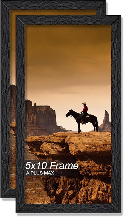 A PLUS MAX 5x10 Picture Frame Set of 2, Black Engineered Wood Frame for 5 x 10 Inch Picture Poster Photo, Light Weight 5 by 10 Frame with Wood-grain for Wall - 2 Pack/Black/5"x10"