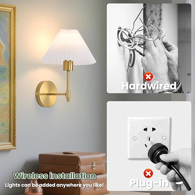 Battery Operated Wall Sconces Set of 2, Gold Rechargeable Wall Lights with Remote, Dimmable Wall Lamp with Pleated Shade,15 Colors Wireless Bathroom Wall Sconce for Bedroom Living Room Hallway