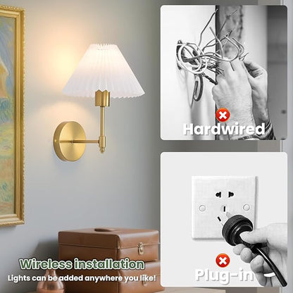 Battery Operated Wall Sconces Set of 2, Gold Rechargeable Wall Lights with Remote, Dimmable Wall Lamp with Pleated Shade,15 Colors Wireless Bathroom Wall Sconce for Bedroom Living Room Hallway