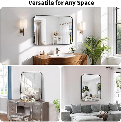 Koonmi Black Framed Bathroom Mirror - 24x36 Inch Shatterproof Tempered Glass Vanity Mirror for Bathroom Sink, Wall Mounted with Matte Aluminum Alloy Frame, No Distortion, Modern Decor