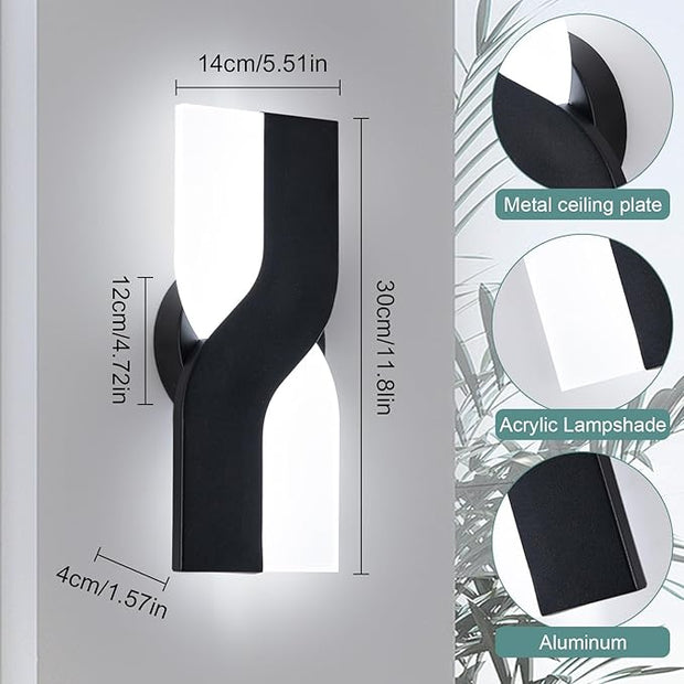 Modern LED Wall Sconce, Black Indoor Wall Light Fixtures Set of 2, 8W Acrylic Wall Mounted Lamp, 6000K Cold White Wall Sconces Lighting for Hallway, Bedroom, Stairway, Corridor, Bathroom