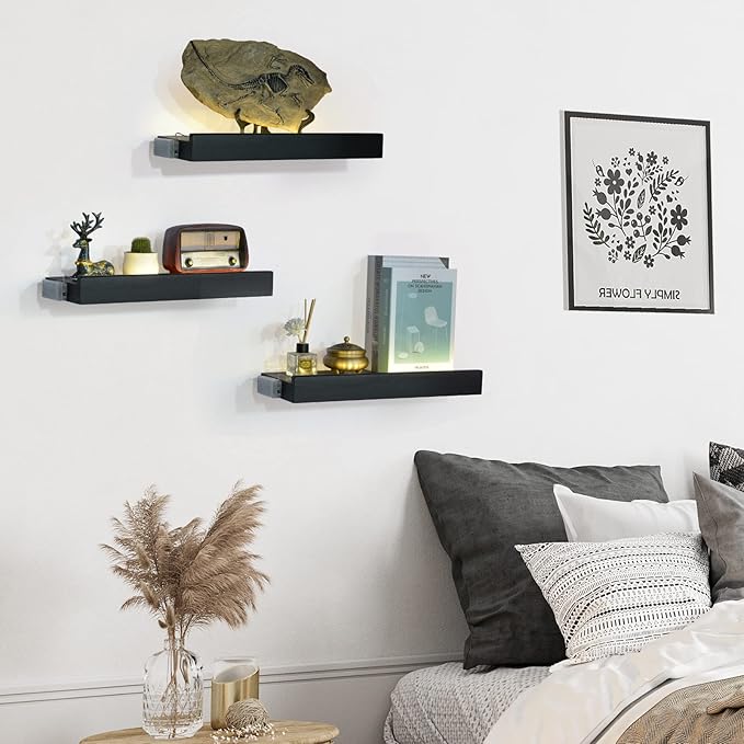 Floating Shelves with Invisible Brackets & Strip Lights, Protective Front Lip, Black Wood Wall Shelves Set of 3, Mounted Bookshelf, Bedroom, Bathroom, Living Room, Kitchen