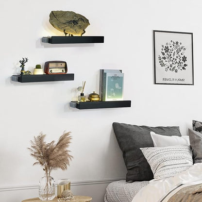 Floating Shelves with Invisible Brackets & Strip Lights, Protective Front Lip, Black Wood Wall Shelves Set of 3, Mounted Bookshelf, Bedroom, Bathroom, Living Room, Kitchen