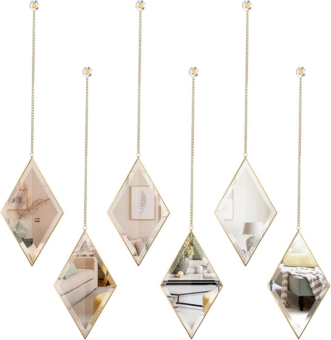 yshengood Diamond Wall Mirror Set of 6 Pcs, Gold Wall Decor Mirrors Small Glass Decor Wall Mirrors for Living Room and Bedroom Decoration
