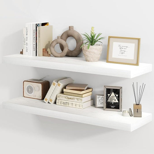 30 Inch Floating Shelves, Rustic Floating Wall Shelves 8 Inch Deep, 30 x 8 Floating Shelves for Home Decor, Deep Display & Storage Shelves for Kitchen, Bathroom, Living Room, White Color, Set of 2