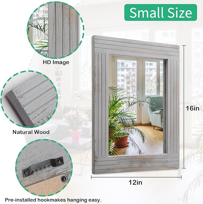 Rustic Wall Mirror Farmhouse, with Frame Wood Wall Mirror Rectangle Antique Decor Hanging Mirror for Bathroom Living Room Bedroom Entryway Small 16