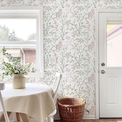 Floral Wallpaper Pink/Green Wallpaper Vintage Peel and Stick Wall Paper Boho Botanical Contact Paper for Cabinets Bird Butterfly Renter Friendly Self-Adhesive Bathroom Bedroom 393"×17.3"