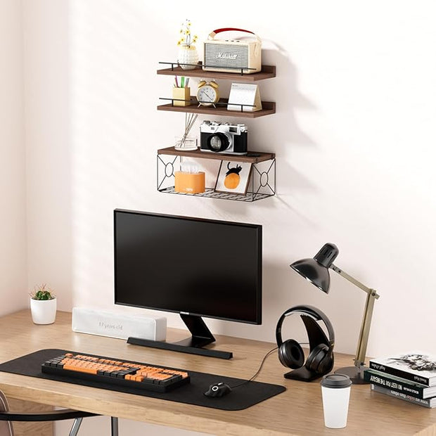 Floating Shelves for Wall, Floating Shelf for Wall Décor Set of 3, Bathroom Floating Shelves with Metal Toilet Paper Holder for Bathroom, Bedroom, Living Room, Kitchen, Office (Brown)