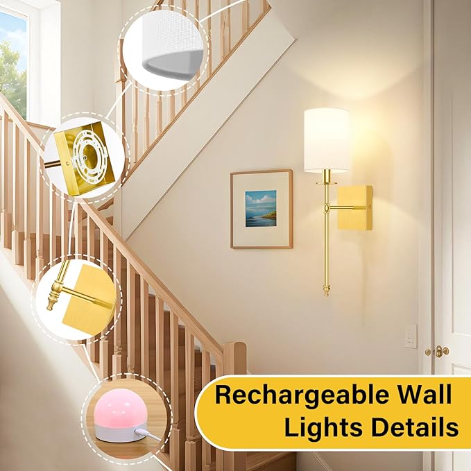 19.9 Inch Wall Sconces Battery Operated Set of 2, Gold Rechargeable Wireless Wall Sconces Lights with Remote, Not Hardwired Dimmable Wall Lamps with White Fabric Shade for Bedroom, 2 Bulbs Included