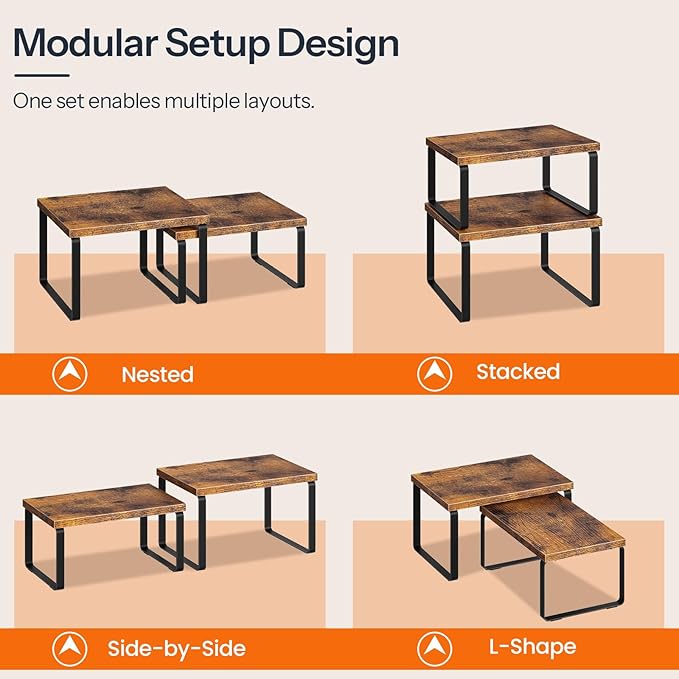 HOOBRO Cabinet Organizer Shelf Set of 4, Kitchen Counter Organizer, Kitchen Storage, Spice Rack, Nest, Stackable, Side-by-Side & L-Shape for Cabinet, Kitchen, Rustic Brown and Black BF33TLP201