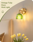 EDISHINE Hardwired Wall Sconces Set of Two, Vintage Wall Lighting Fixture with Green Tulip Glass Lampshade 180 Degree Adjustable, Brass Gold Wall Lamp for Bedroom Living Room Hallway Bathroom