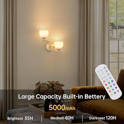 Battery Operated Wall Sconce, 2-Lights Vinatge Brass Wall Lighting with White Tluip Shade Rechargeable Bulb with Remote for Living Room, Bedroom