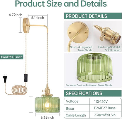 Vintage Wall Sconce with Green Striped Glass Shade Hanging Wall Sconce with 4.9FT Plug in Cord, Modern Wall Lamp Fixtures Decor for Bedside Bedroom Indoor Doorway, Set of 2