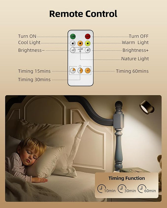 LED Wall Mounted Lights, Rechargeable Wall Sconces Lamp, 3 Color Temps & Remote and Touch, 360°Rotation Dimmable Cordless Wall Light for Study Bedroom Reading Bedside(Black, 1 Pack)