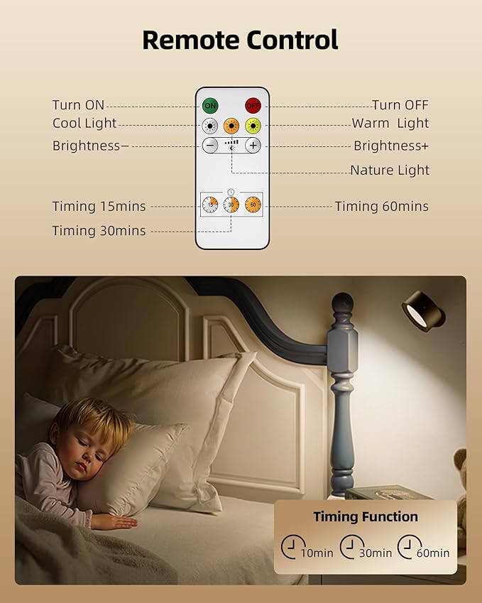 LED Wall Mounted Lights, Rechargeable Wall Sconces Lamp, 3 Color Temps & Remote and Touch, 360°Rotation Dimmable Cordless Wall Light for Study Bedroom Reading Bedside(Black, 1 Pack)