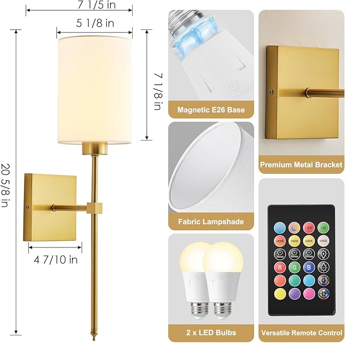 Battery Operated Wall Sconce Set of Two, Wireless Rechargeable Wall Light with Remote Control, Dimmable, 4 Color Temperatures, RGB, Timer, for Living Room,Bedroom,Entryway, Gold, 20.6 Inch