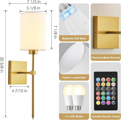 Battery Operated Wall Sconce Set of Two, Wireless Rechargeable Wall Light with Remote Control, Dimmable, 4 Color Temperatures, RGB, Timer, for Living Room,Bedroom,Entryway, Gold, 20.6 Inch