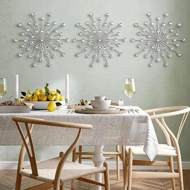 ZEXUIRU 3 Pack Silver Sunburst Wall Decor – Metal Crystal Wall Art with Sparkling Rhinestones, 14’’/18 Inch Starburst Wall Hanging Set for Living Room Bedroom Bathroom – Modern Bling Home Decorations