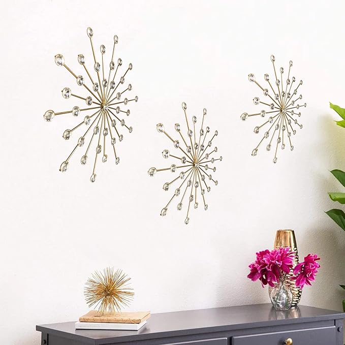ZEXUIRU 3 Pack Gold Sunburst Wall Decor – Metal Crystal Wall Art with Sparkling Rhinestones, 14’’/18 Inch Starburst Wall Hanging Set for Living Room Bedroom Bathroom – Modern Bling Home Decorations