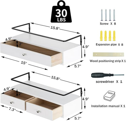 Floating Shelves for Wall Storage - Wall Mounted Bathroom Shelf Set of 2 with Drawers, Rustic Wood Shelves for Bedroom, Living Room, Kitchen, Home Decor, Plants, Books