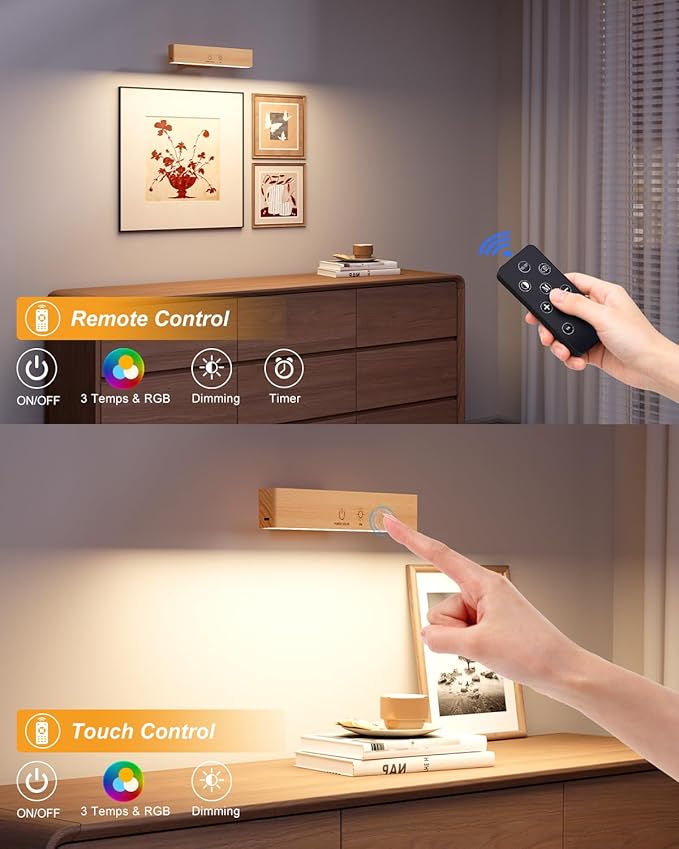 Rechargeable Wood Wall Lights with Remote & Touch, 5200mAh Battery Operated Wall Sconce 3 Color Temperatures & RGB. Magnetic, Stick-On, Dimmable Wall Reading Lamp for Bedroom, Living Room, Picture