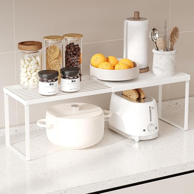 Expandable Cabinet Shelf Organizer, 1 Pack Stackable Kitchen Counter Shelf Riser, Metal Spice Rack Adjustable Heavy Duty Countertop Organizer Storage for Kitchen, Pantry, Cupboard, Rv (White)