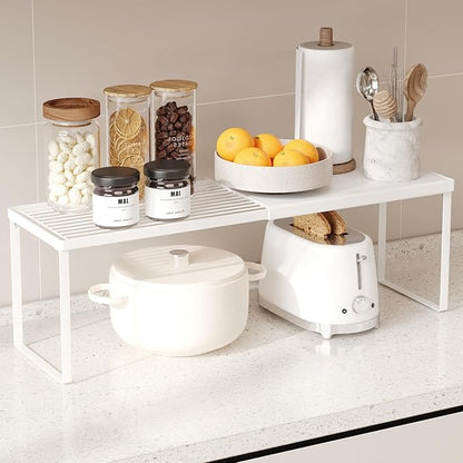 Expandable Cabinet Shelf Organizer, 1 Pack Stackable Kitchen Counter Shelf Riser, Metal Spice Rack Adjustable Heavy Duty Countertop Organizer Storage for Kitchen, Pantry, Cupboard, Rv (White)