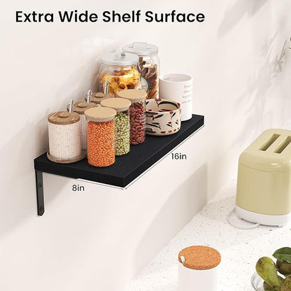 Marsmiles Extra Wide Floating Shelves for Wall, 16x8 Inch Natural Wood Grain Bookshelves, Heavy Duty Mounted Shelving for Bathroom, Kitchen, Living Room, Bedroom,Set of 8，Black