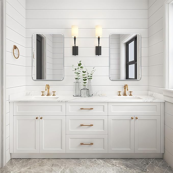 Wall Mount Mirror for Bathroom, Brushed Silver Metal Framed Rounded Corner Rectangular Vanity Mirror (18