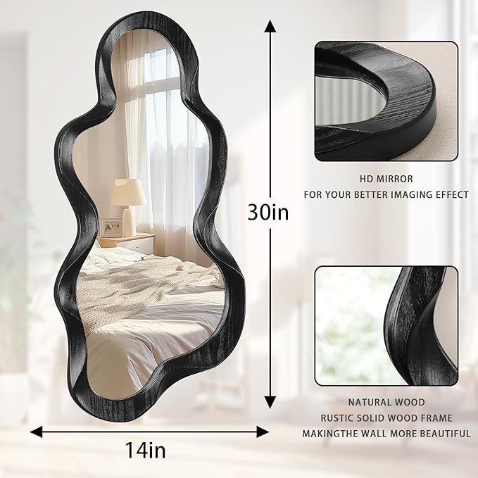 Asymmetrical Mirror Irregular Wall Mirror Modern Wood Frame Unique Mirrors Cute and Stylish Cloud Wavy Mirrors Decorative for Cloakroom Bedroom Living Room Bathroom Entryway 30