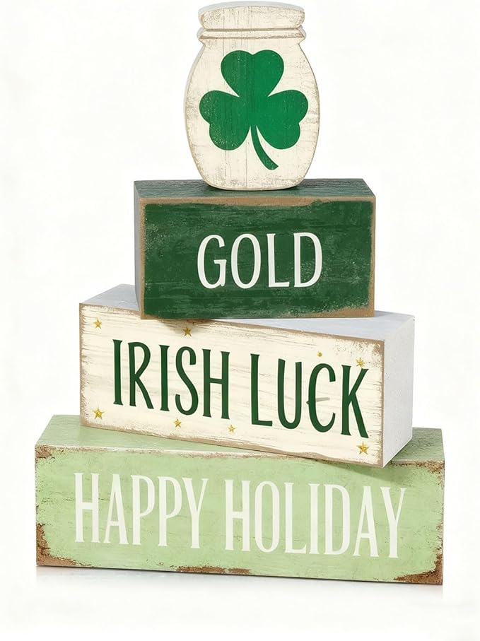 St. Patrick’s Day Decorations - St Patrick Day Irish Luck Tiered Tray Decor Set - Wooden Shamrock Tabletop Decoration - Rustic Farmhouse Holiday Home Decor for Indoor Shelf Mantel Coffee Table Gift