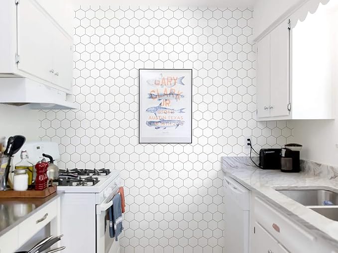 Kitchen Peel and Stick Wallpaper White Wallpaper Modern Contact Paper for Cabinet Bathroom Backsplash Renter Friendly Self-Adhesive Waterproof Removable Vinyl Papel Tapiz para Cocina 17.3