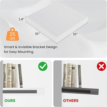 Square Floating Shelves for Wall, 10" W x 10" D x 1.4" H, Small Wooden Wall Mounted Display Shelves with Invisible Brackets for Living Room, Bedroom, Bathroom, Kitchen Decor, Set of 4, White