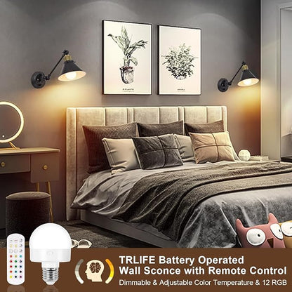 TRLIFE Rechargeable Battery Operated Wall Sconce, Dimmable and Adjustable Color Temperature Wireless Wall Sconces Set of 2 with Remote Control, Swing Arm Wall Mounted Light for Bedroom Bedside Hallway