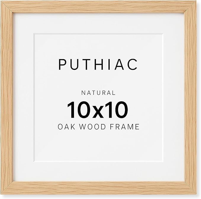 puthiac 10x10 Solid Oak Wood Picture Frame, Fits 6x6 with Mat or 10x10 Without Mat, Wall Display Only, Plexi Front, 1 Pack, Natural Oak