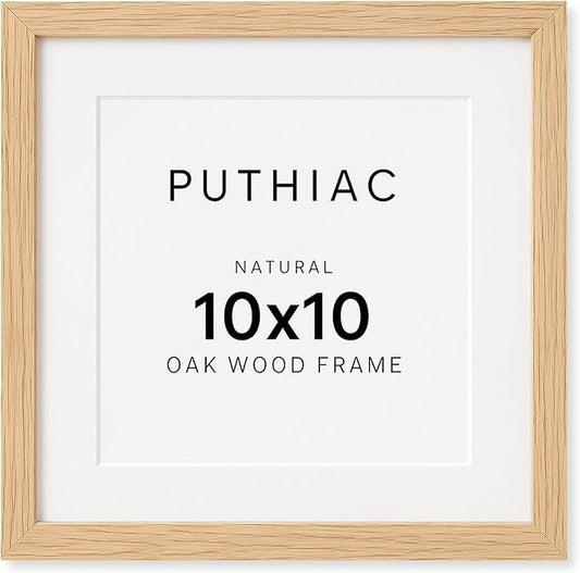 puthiac 10x10 Solid Oak Wood Picture Frame, Fits 6x6 with Mat or 10x10 Without Mat, Wall Display Only, Plexi Front, 1 Pack, Natural Oak