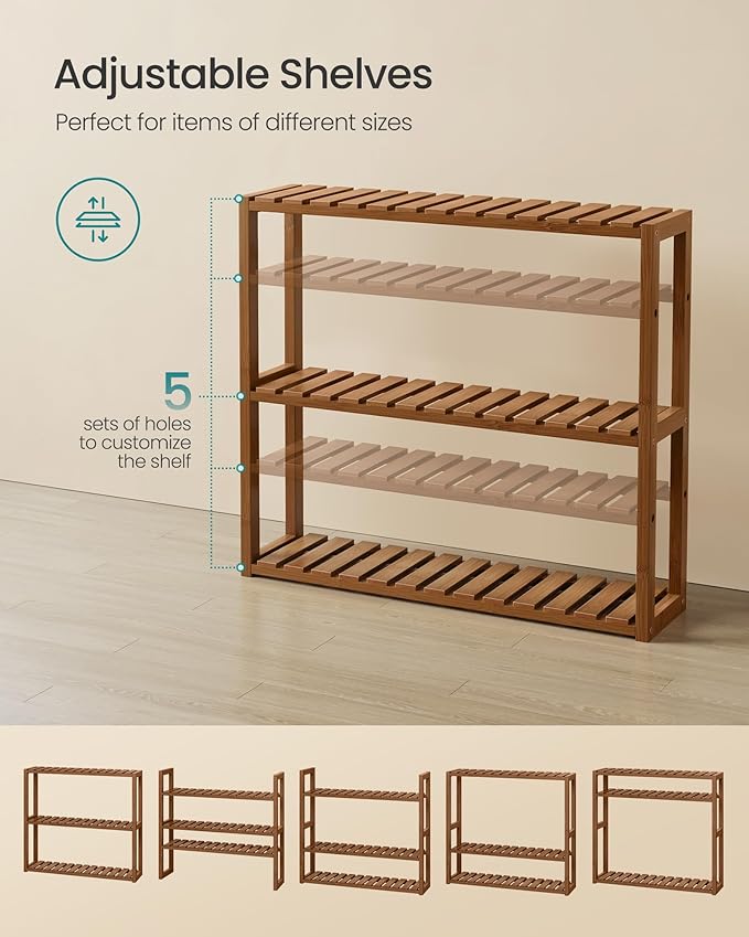 SONGMICS Bamboo Bathroom Shelf, 3-Tier Adjustable Plants Rack, Wall-Mounted or Stand, in The Living Room, Balcony, Kitchen, 5.9 x 23.6 x 21.3 Inches, Coffee Brown UBCB013K01