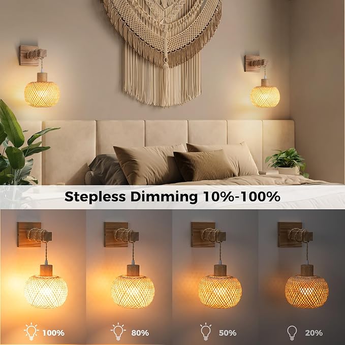 Battery Operated Wall Sconce with Remote Set of 2, Rechargeable Boho Wall Sconces with 8000mAh Bulbs, 3CCT+12RGB Dimmable Woven Bamboo Wall Light/Lamp Rattan Sconces for Bedroom Living Room